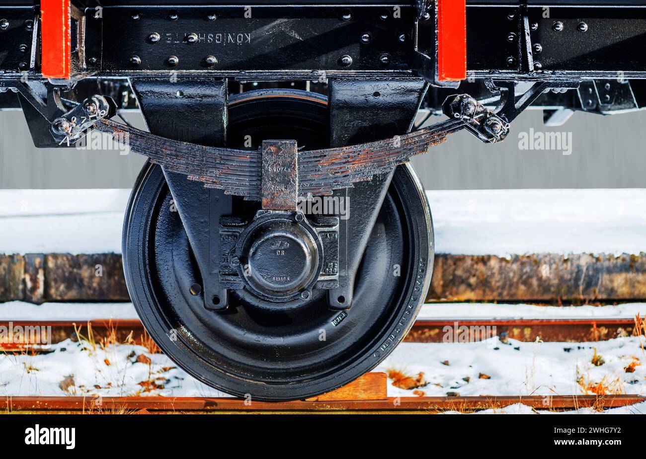 Das Rad des Eisenbahnwagens Stockfoto