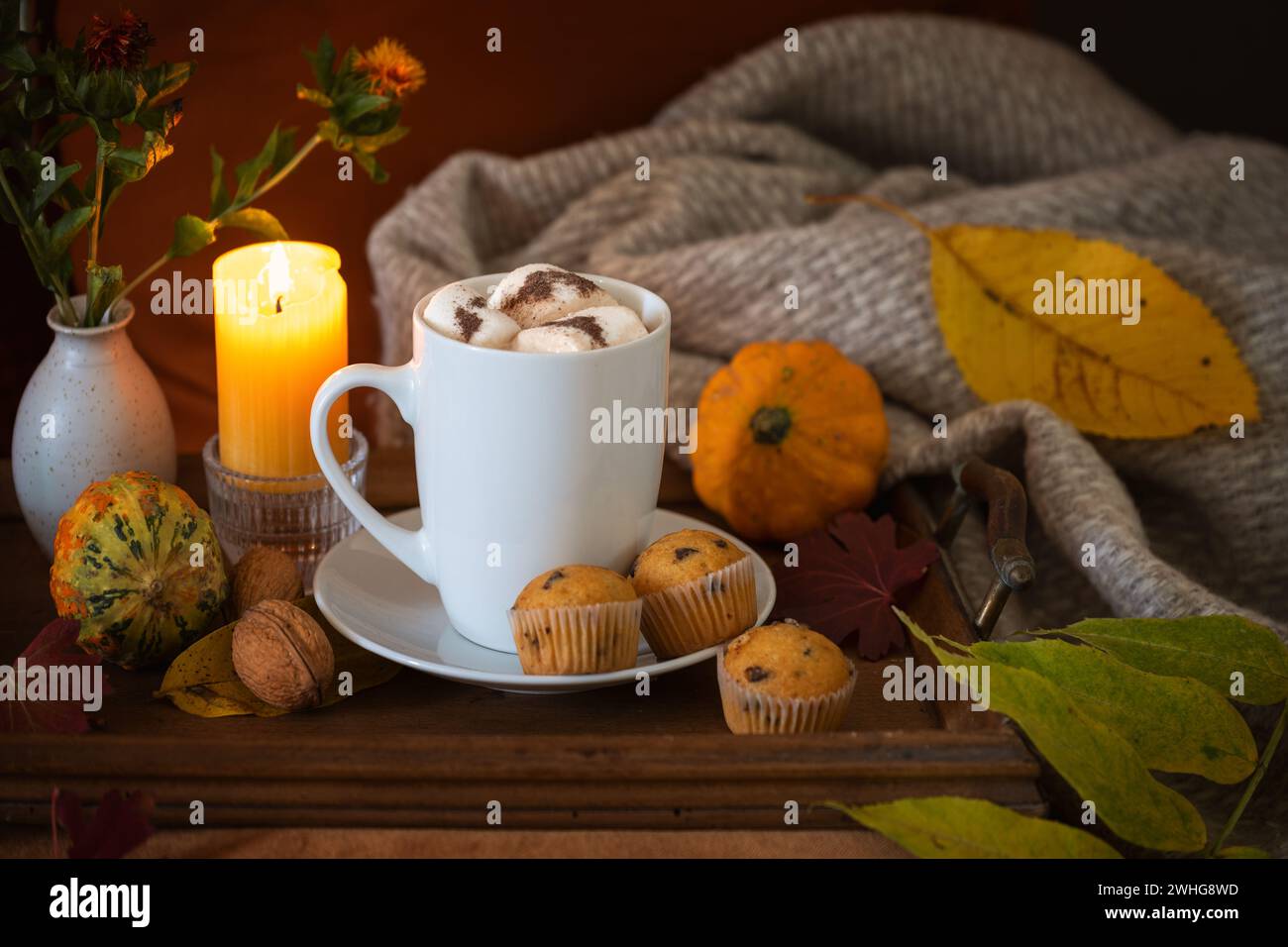 Heißgetränk Schokolade mit Marshmallows, serviert mit Muffins, Kerzen und Herbstdekoration vor einem warmen und gemütlichen dunklen Hintergrund Stockfoto