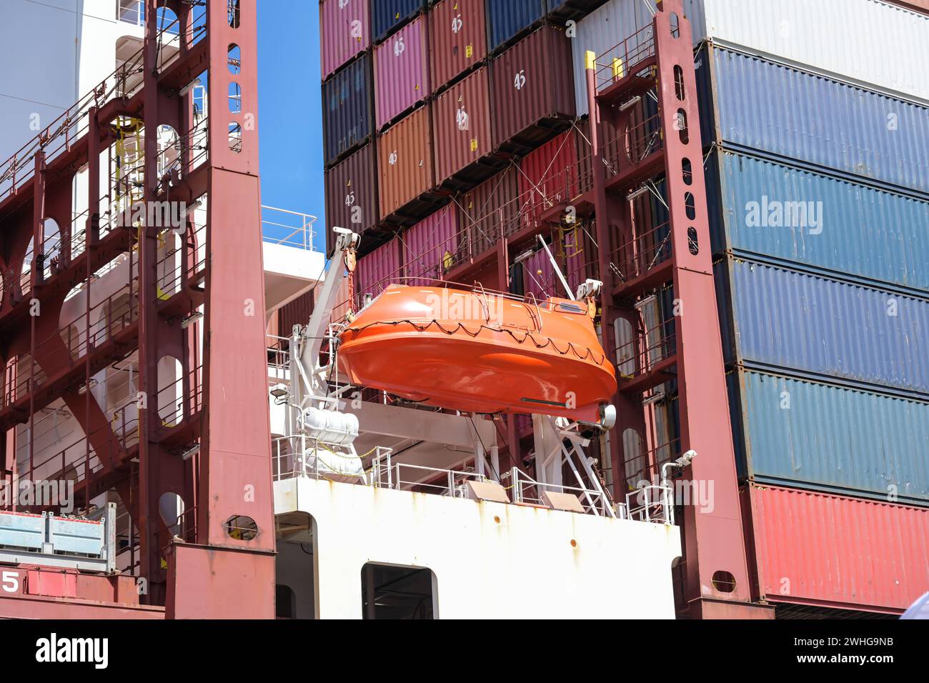 Rettungsboot zwischen Containerstapel auf einem großen Frachtschiff, Frachttransport über internationale Gewässer, Sicherheit auf See Stockfoto