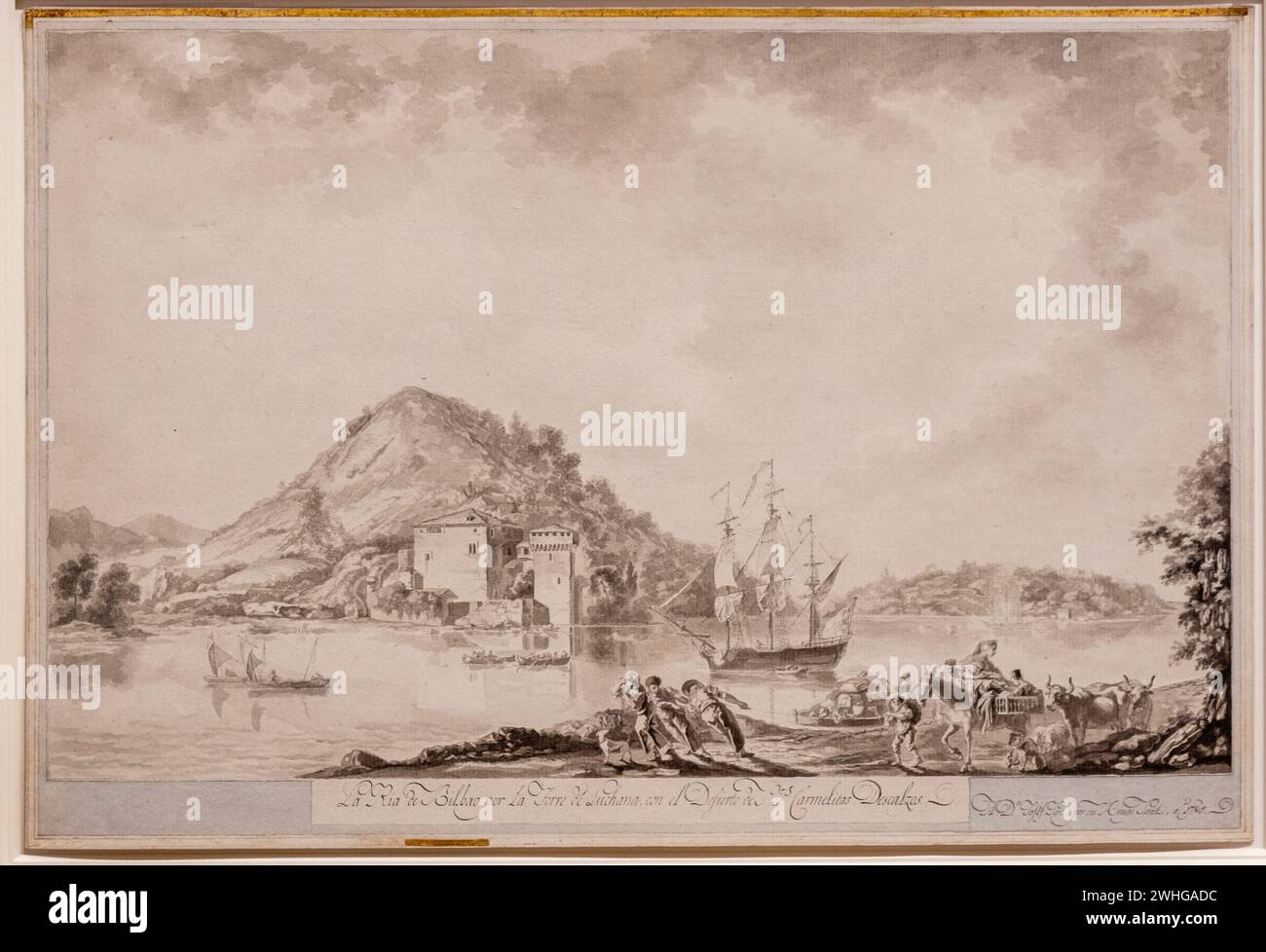 Die Mündung von Bilbao durch den Luchana-Turm mit der PS Carmelitas Descalzos Wüste. Luis Paret, 1785, Tinte und Kohle auf Papier, Museo de Bellas Ar Stockfoto