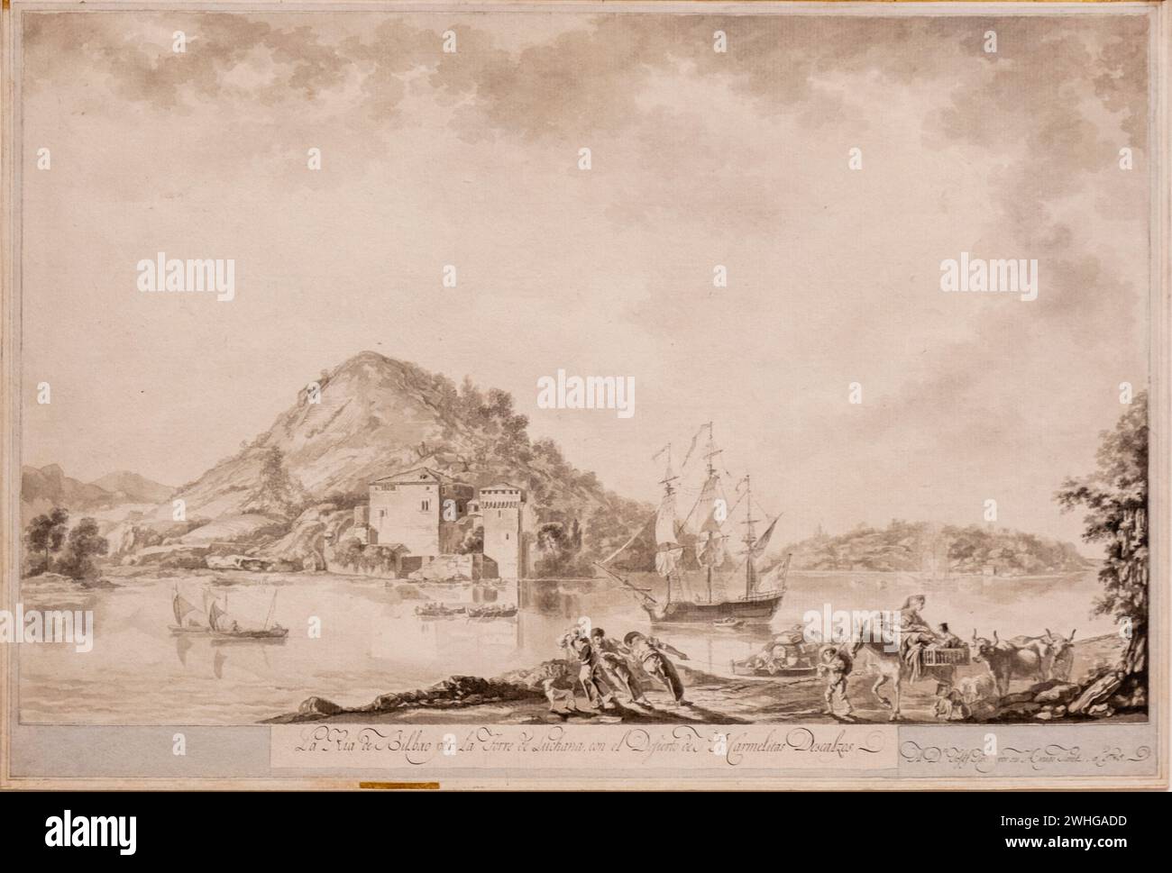 Die Mündung von Bilbao durch den Luchana-Turm mit der PS Carmelitas Descalzos Wüste. Luis Paret, 1785, Tinte und Kohle auf Papier, Museo de Bellas Ar Stockfoto
