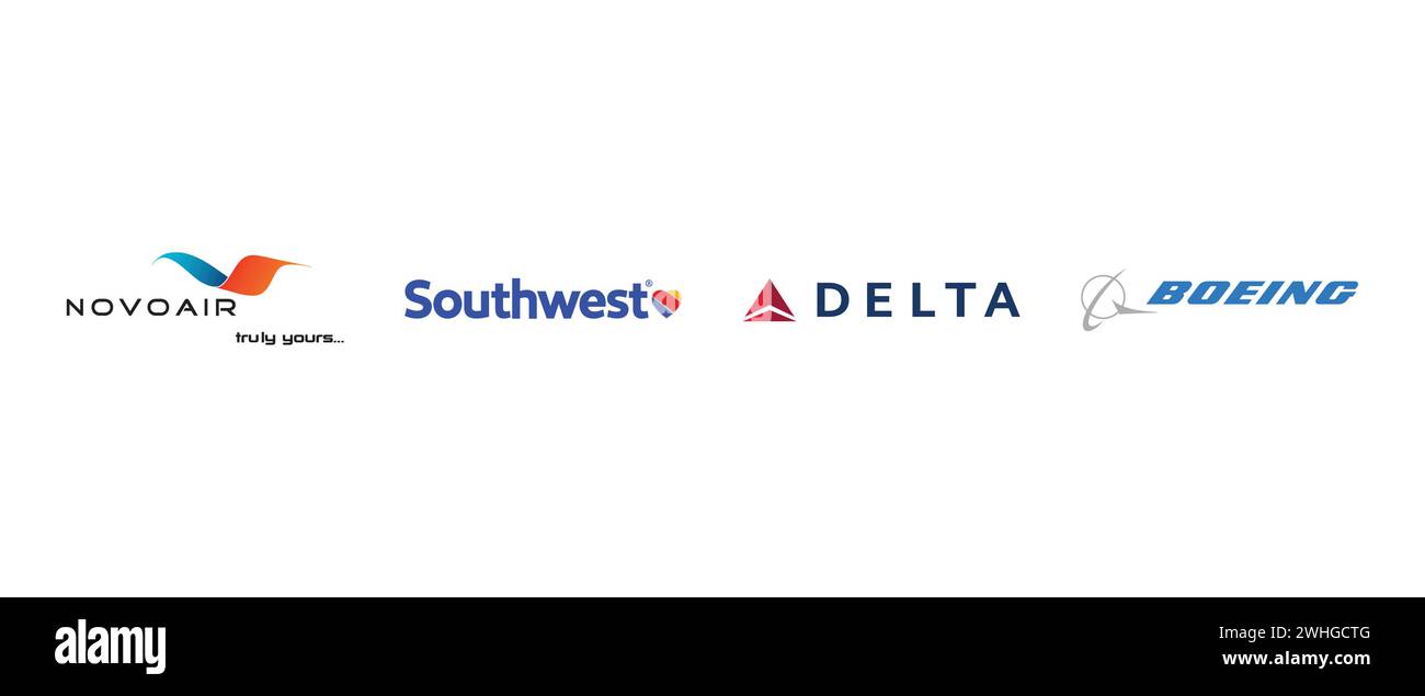 Boeing, Delta Air Lines, Southwest Airlines, Novoair. Vektorillustration, redaktionelles Logo. Stock Vektor