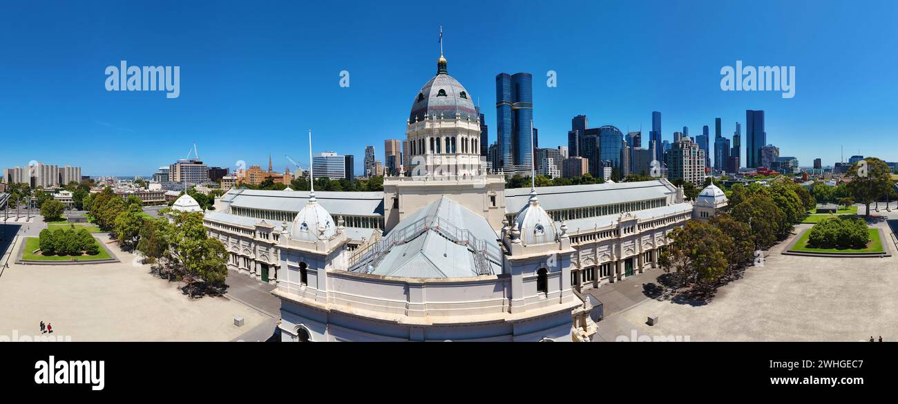 Royal Exhibition Building aus der Vogelperspektive, Kongresszentrum in Carlton, Melbourne Australien Stockfoto