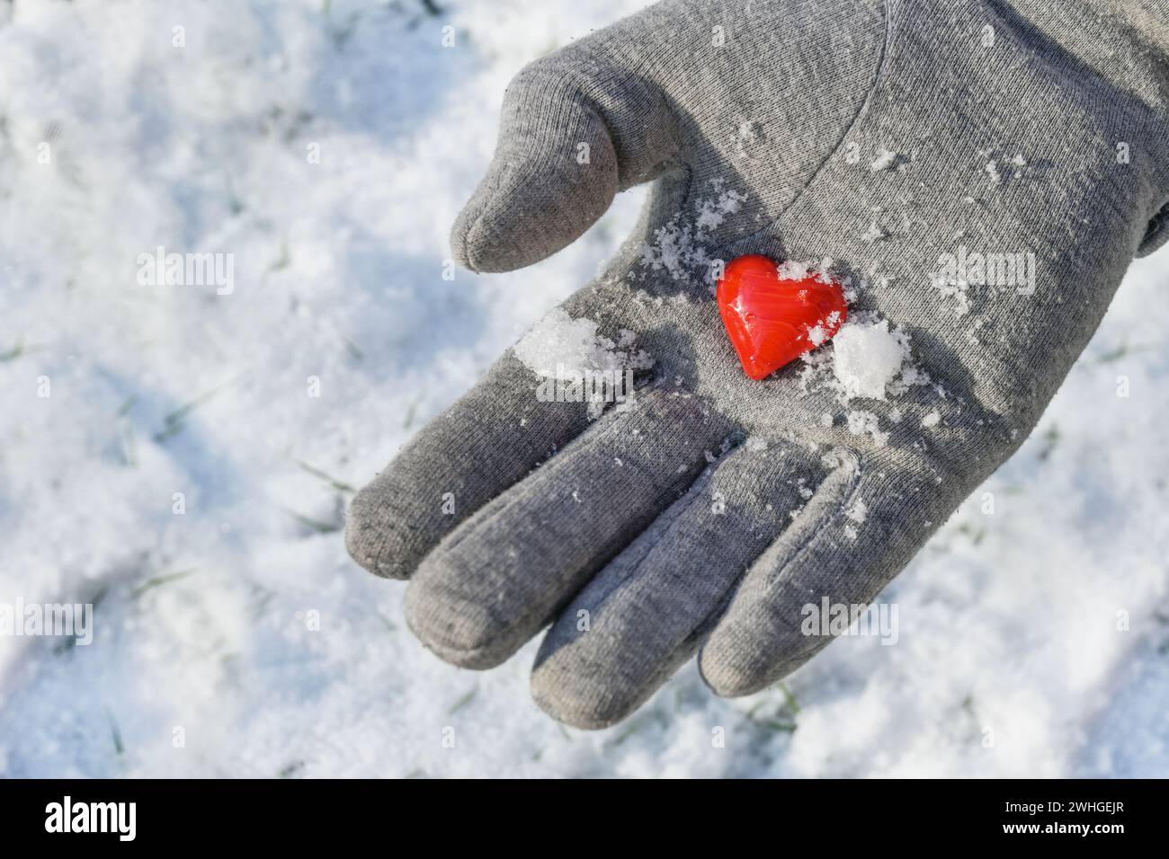 Hand in einem grauen Handschuh mit einem kleinen roten Herzen aus Glas und ein wenig Schnee, geben mit Liebe, Valentinstag Konzept, Kopierraum Stockfoto