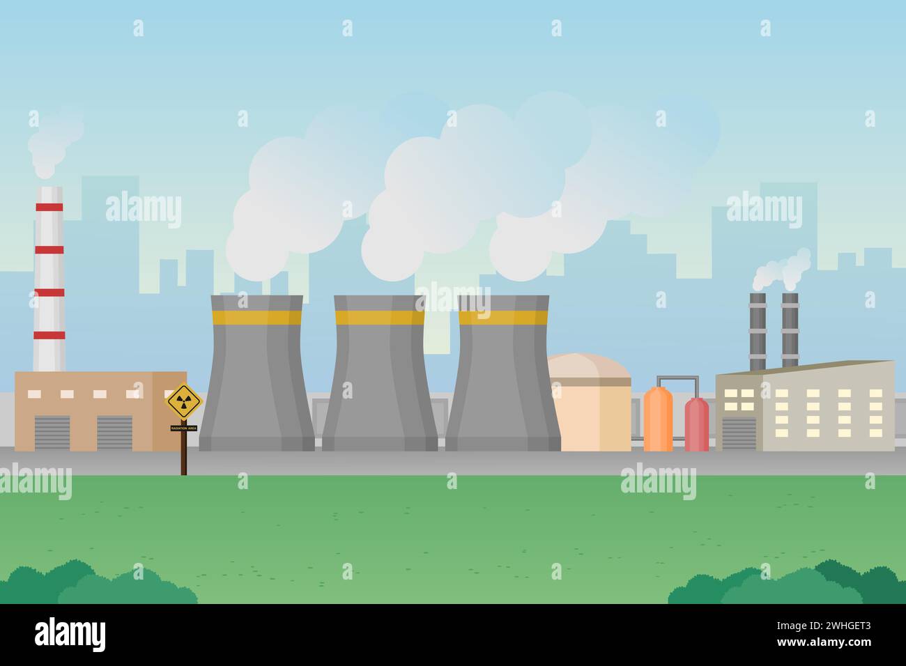 Kernkraftwerk mit Stadt im Hintergrund. Energieerzeugungsanlage. Vektorabbildung. Stock Vektor