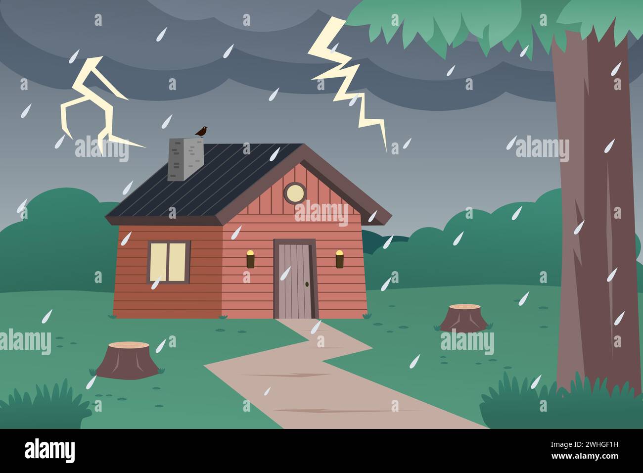 Holzhaus im Wald bei regnerischem Wetter. Regen und Sturm. Vektorabbildung. Stock Vektor