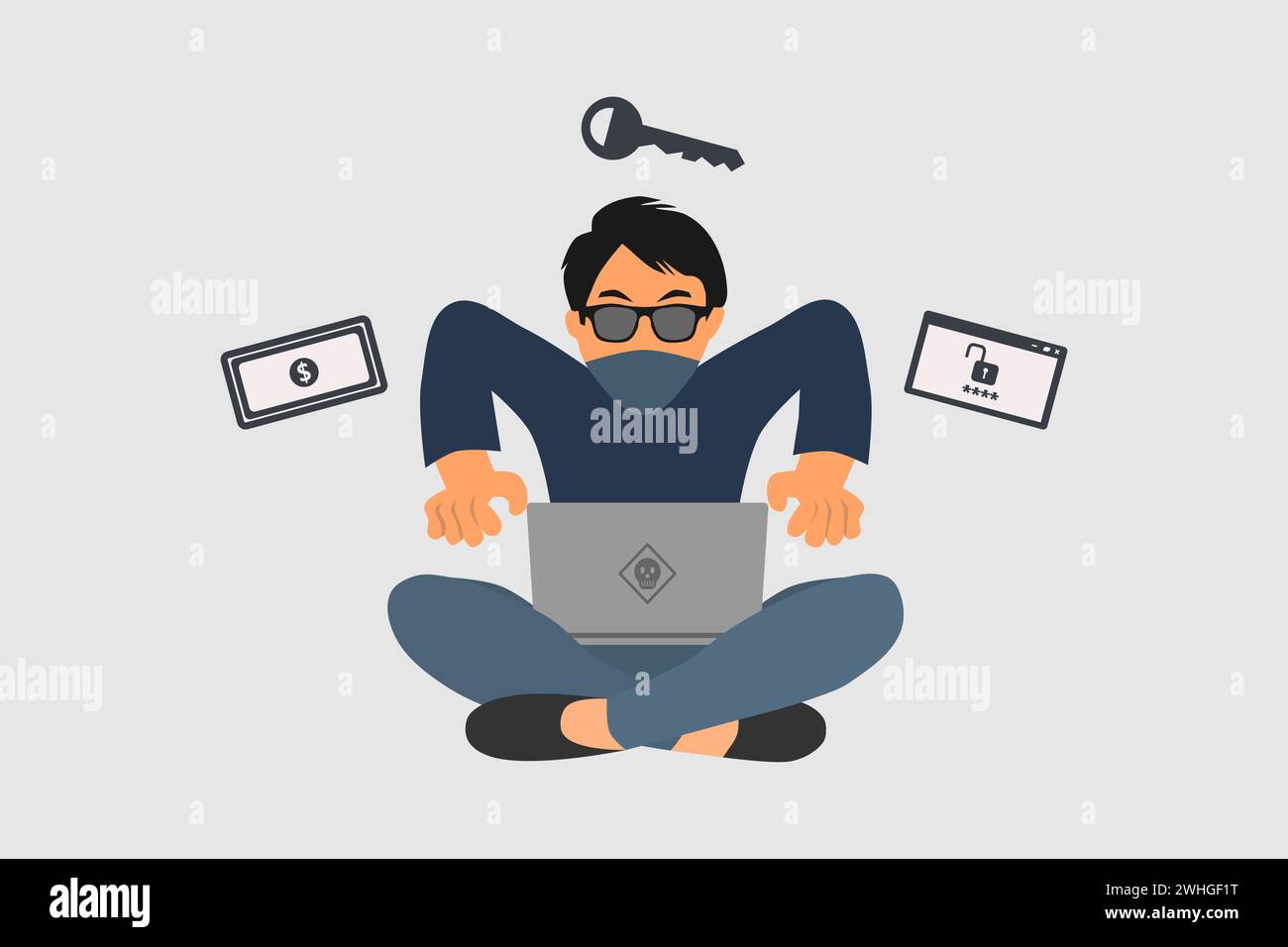 Hacker oder Cyberkriminelle mit Laptop, der persönliche Benutzerdaten stiehlt. Illustration des Internet-Phishing-Konzepts. Stock Vektor