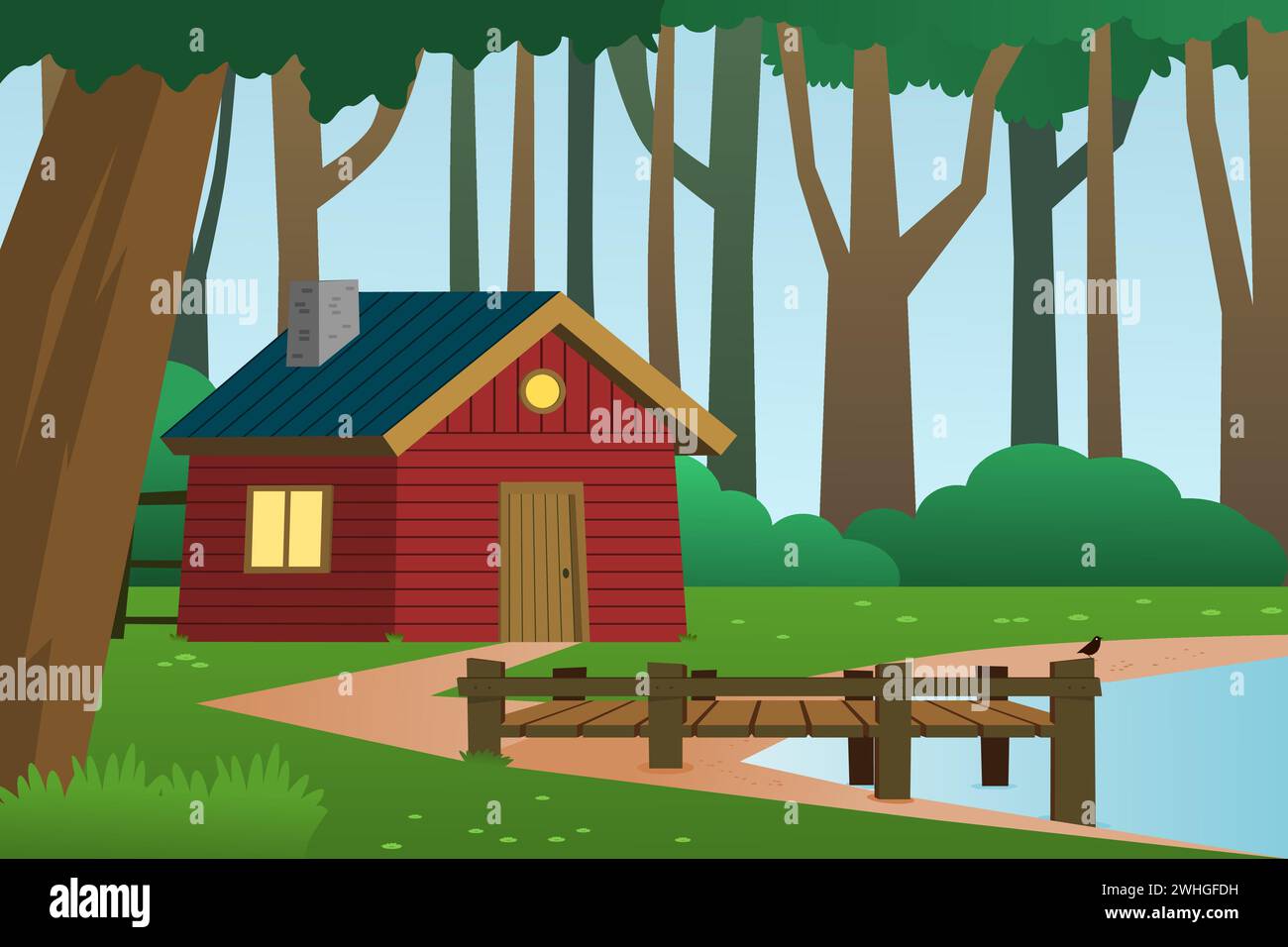 Rotes Holzhaus im Wald mit Fluss oder See. Waldlandschaft mit Kabine Vektor Illustration. Auf Dem Land. Stock Vektor