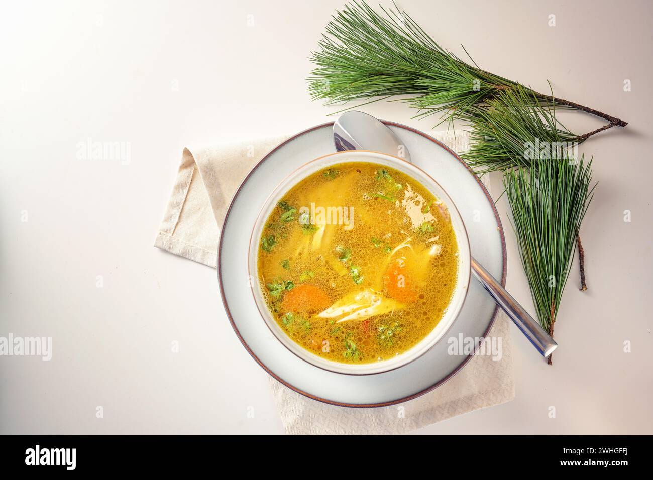 Gesunde Currysuppe mit Huhn, Gemüse und Petersilie in einer Schüssel, Hausmittel gegen Kälte und Grippe im Herbst und Winter, leicht Stockfoto