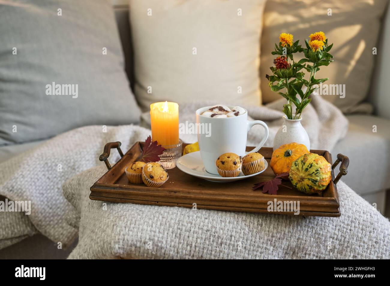 Heißes Schokoladengetränk mit Marshmallows und Mini-Muffins auf einem Tablett mit Kerze, Blumen und Herbstdekoration neben einer gemütlichen Couch Stockfoto