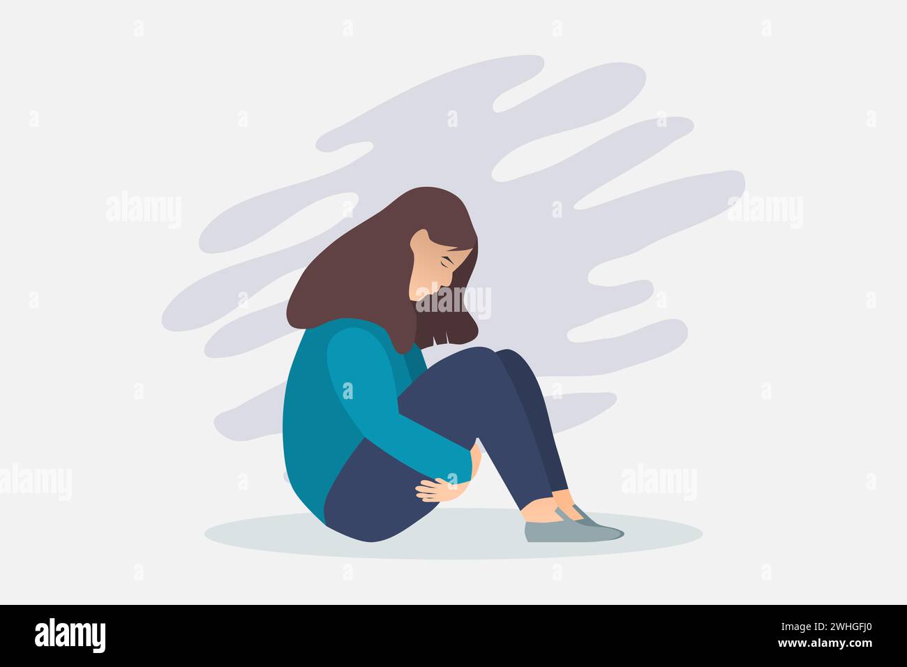 Frau in Depression. Ein junges, trauriges Mädchen sitzt und unglücklich an den Knien umarmt. Vektorabbildung. Stock Vektor