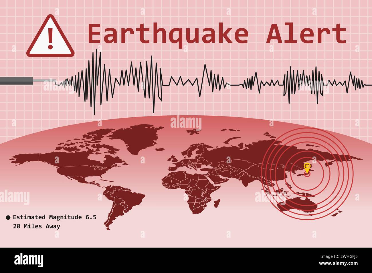 Erdbebenwarnkonzept mit Standortmarkierung des Pulsationsperizzentrums und Weltkarte. Vektorabbildung. Stock Vektor