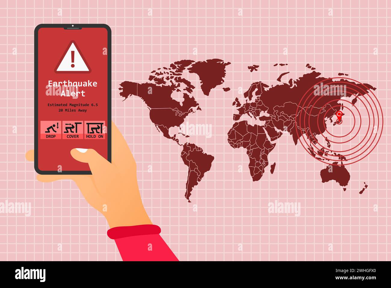 Erdbeben-App-Warnung auf dem Telefon mit Sicherheitshinweis. Positionsmarkierung des Pulsationspulzentrums und Weltkarte. Vektorabbildung. Stock Vektor
