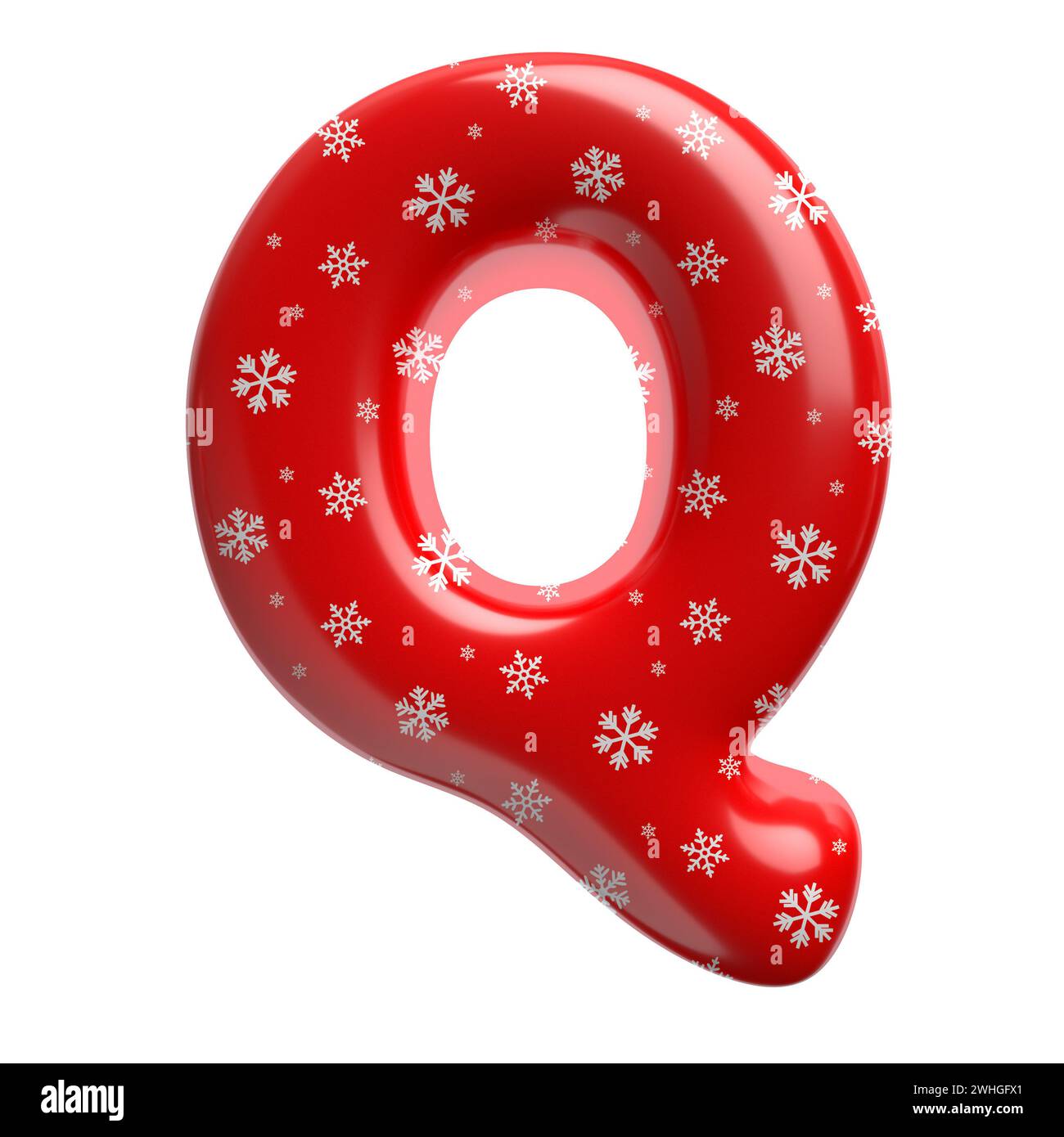 Schneeflocken-Buchstabe Q – Großbuchstabe 3D-weihnachtsschrift – geeignet für Weihnachten, weihnachtsmann oder Winterthemen Stockfoto
