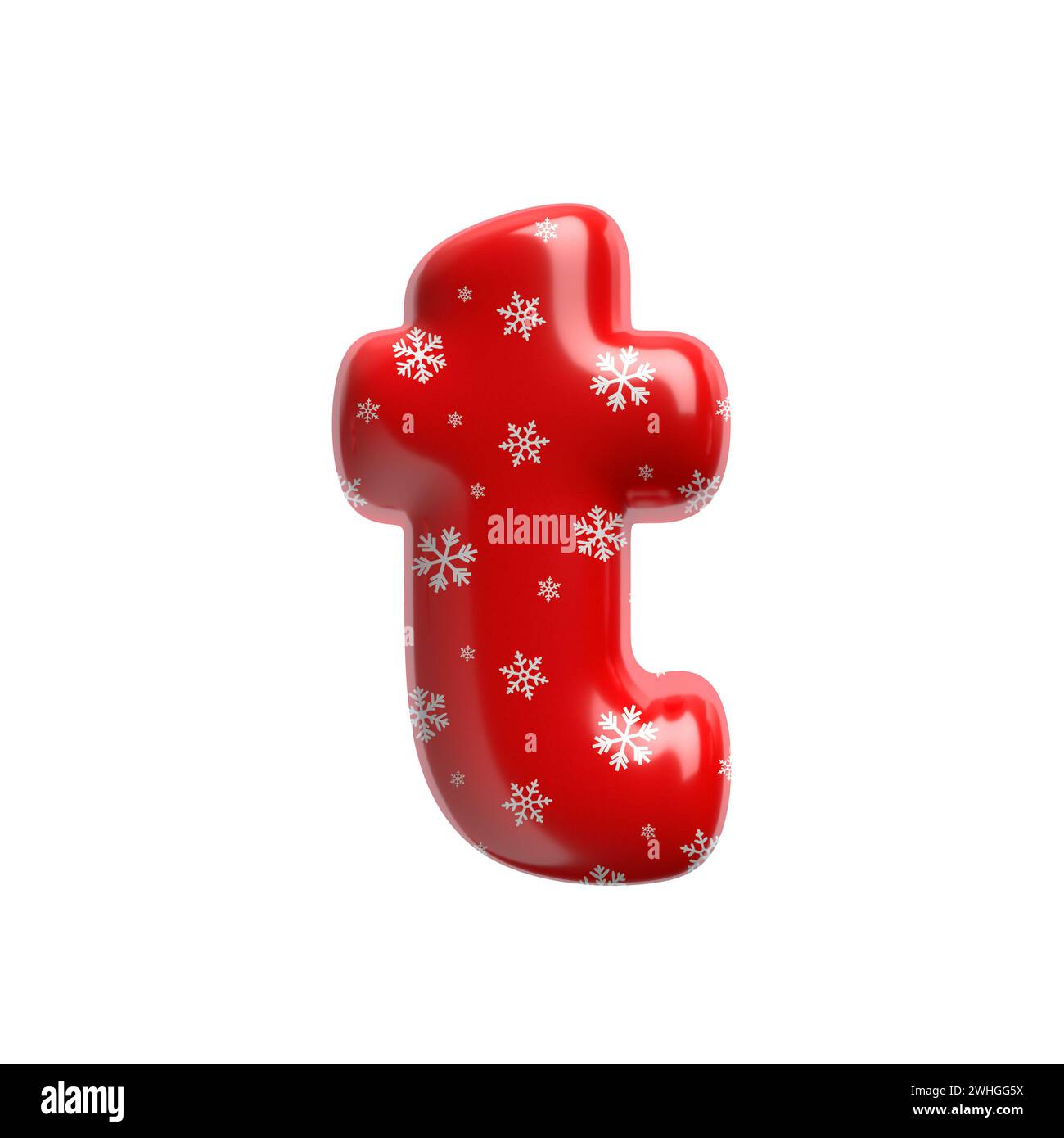 Schneeflocken-Buchstabe T – Kleinbuchstabe 3D-weihnachtsschrift – geeignet für Weihnachten, weihnachtsmann oder Winterthemen Stockfoto
