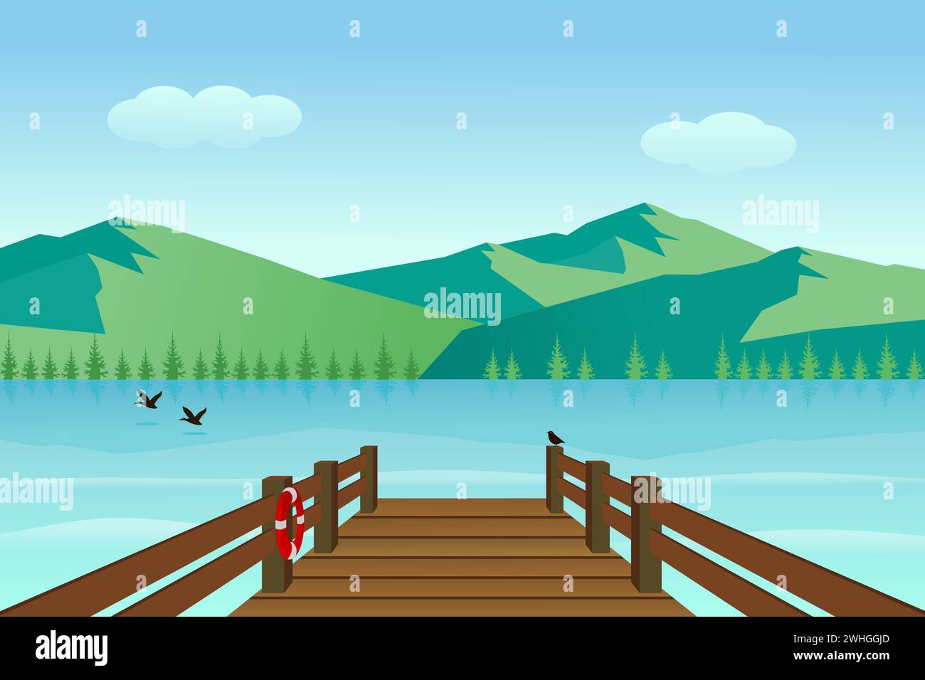 Holzpier am Meer mit See und Bergen an sonnigen Tagen. Vektorabbildung. Stock Vektor