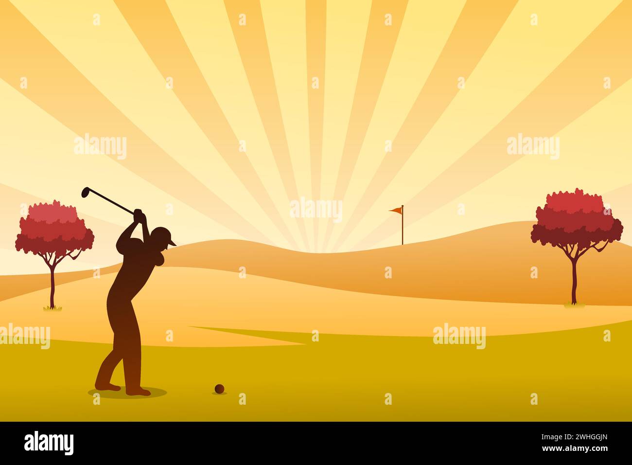 Golf Course Vektor Illustration mit Golfspieler oder Golfspieler bei Sonnenuntergang. Outdoor-Sport. Stock Vektor