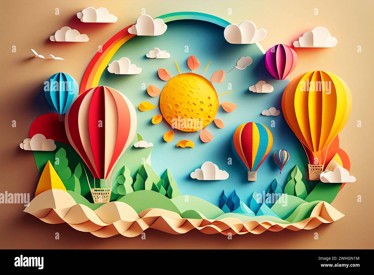 Heißluftballon über dem Meer, Papierkunst oder Origami-Stil für Kinderzimmer, Kinderdesign Stockfoto