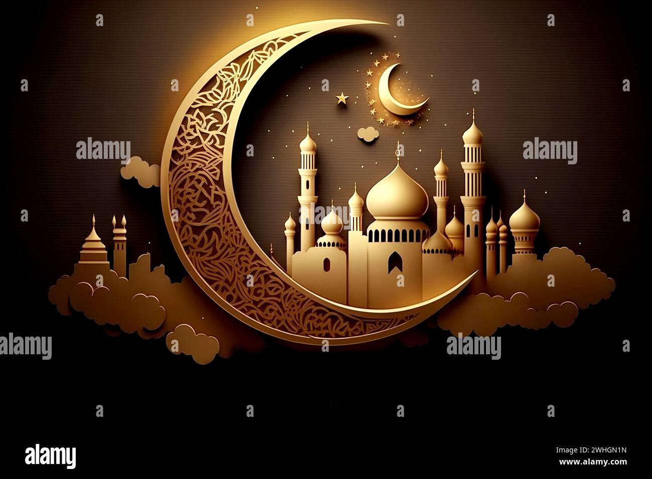 Festliche Grußkarte für den muslimischen heiligen Monat Ramadan Kareem mit Moschee und Sichel Stockfoto