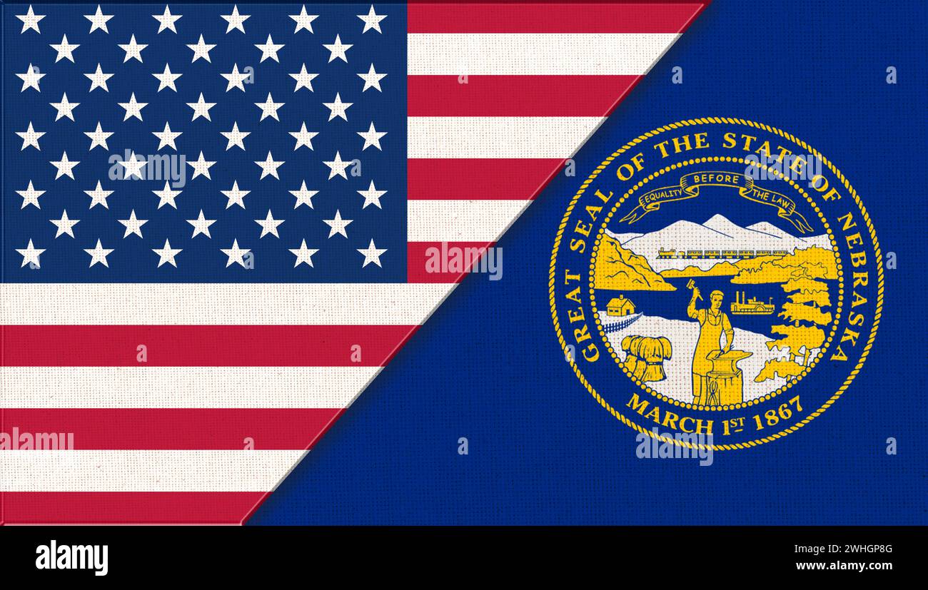 Flaggen von USA und Nebraska. Politisches Konzept. Flaggen von Nebraska und den Vereinigten staaten von Amerika. Amerikanisch Stockfoto