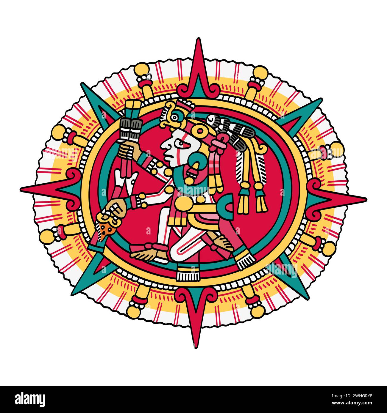 Tonatiuh, aztekischer Sonnengott, bekannt als Nahui Ollin, die Fünfte Sonne, dargestellt in der Mitte einer Sonnenscheibe. Sollte die Menschheit scheitern, bringt er Armageddon. Stockfoto