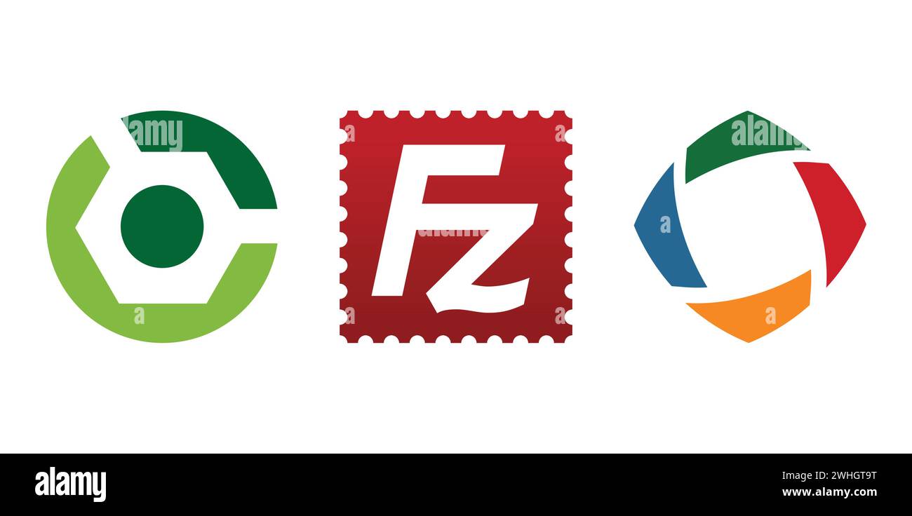 Browser-übergreifende Tests, Gradle, FileZilla. Markenemblem der Redaktion. Stock Vektor