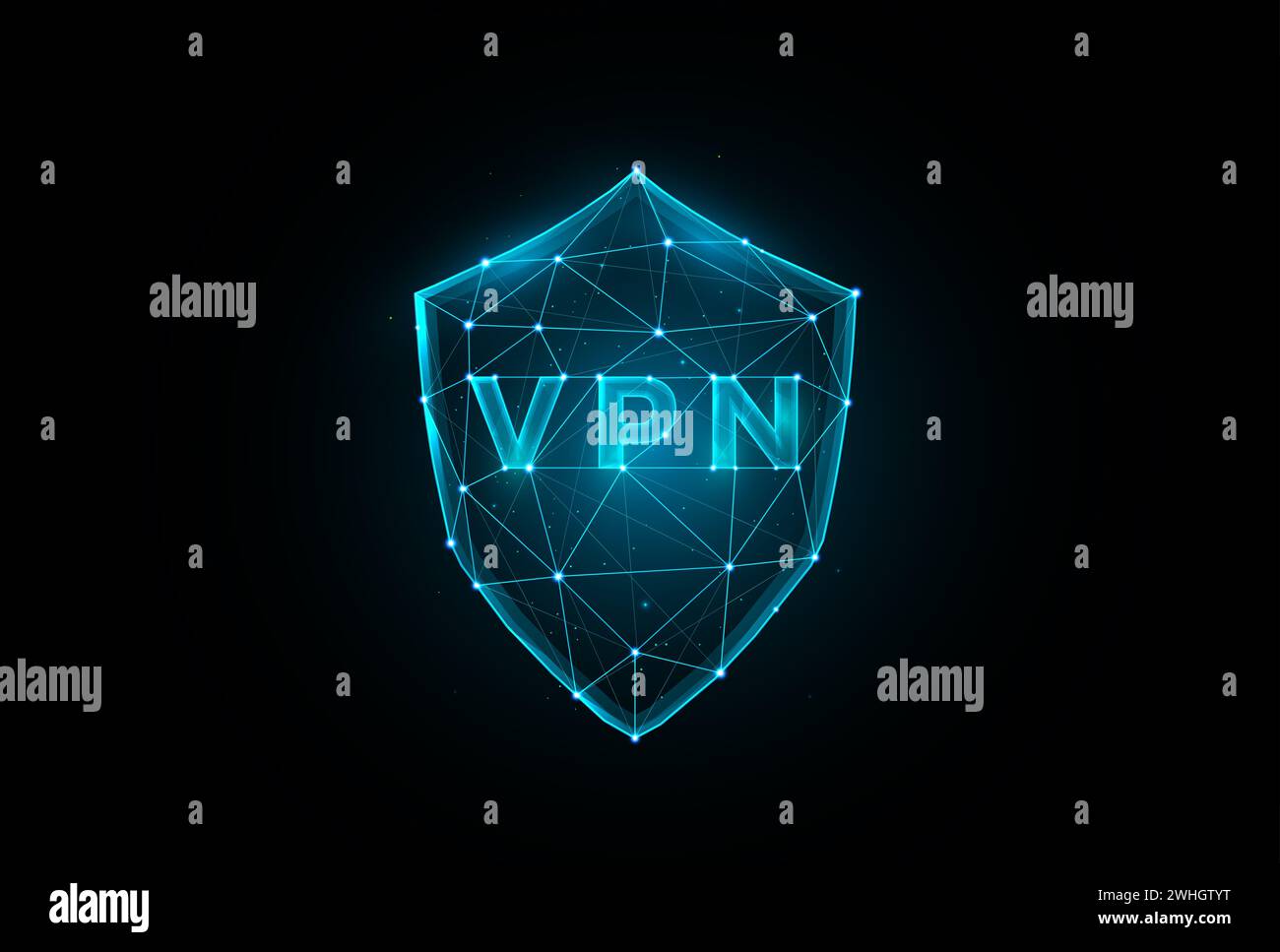 Polygonale VPN-Shield-Vektordarstellung auf dunkelblauem Hintergrund, Virtual Private Network Low Poly-Design. Stockfoto