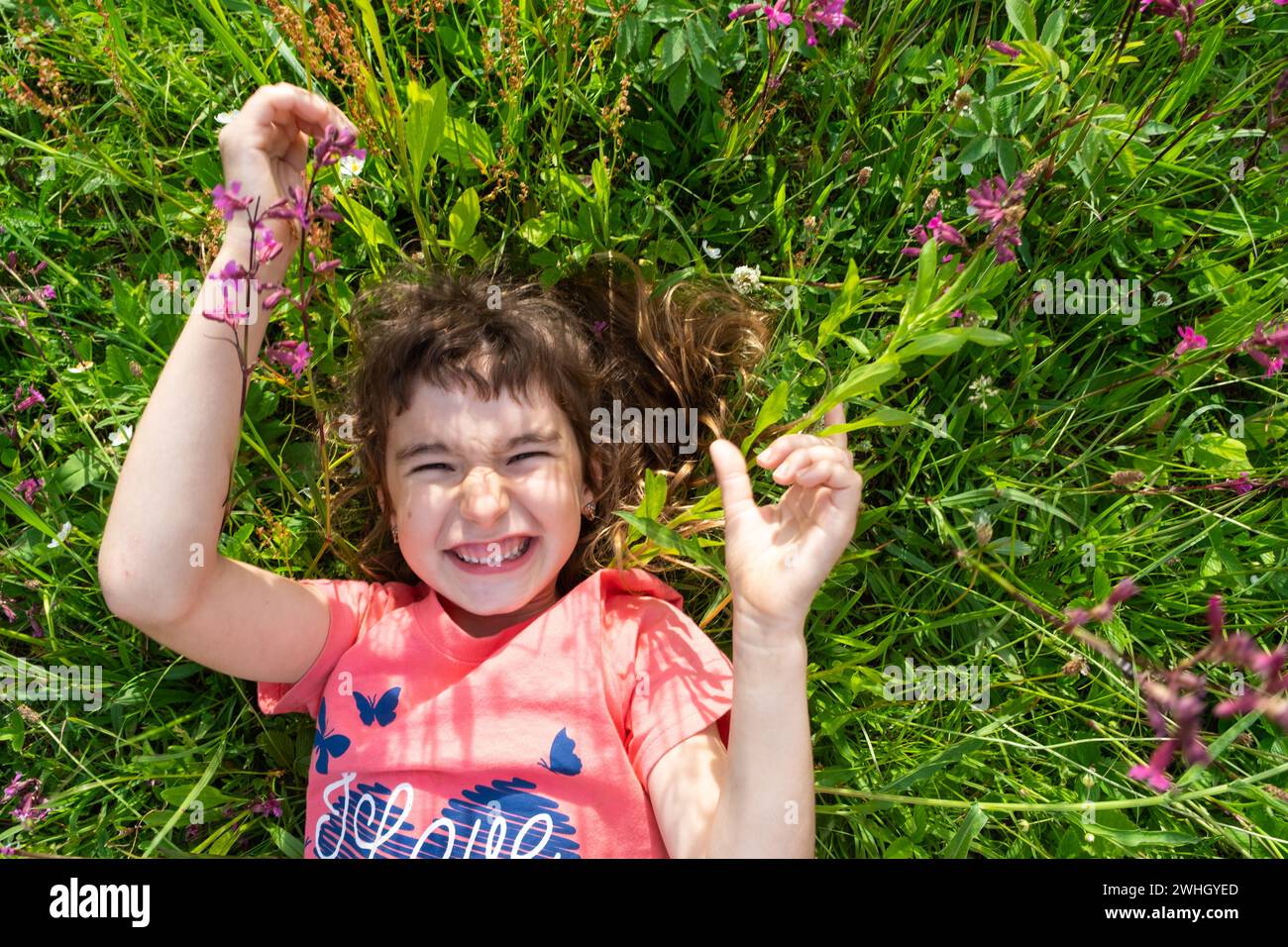 Porträt eines im Sommer im Gras liegenden Mädchens mit Wildblumen und Fersen und Palmen. Sommerzeit, Freiheit Stockfoto