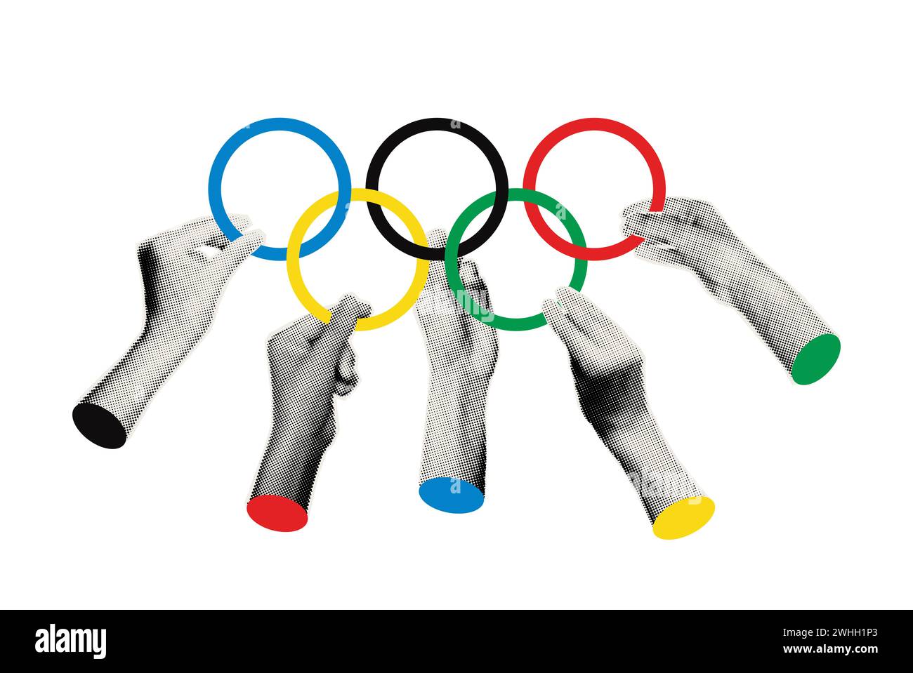 Kunstcollage mit Olympischen Ringspielen 2024 Stockfoto