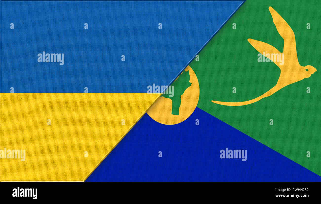 Flaggen der Ukraine und Flying Fish Cove - 3D-Illustration. Zwei Flags Zusammen. Nationale Symbole von Ukr Stockfoto