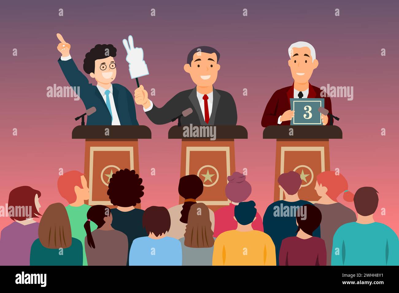 Drei Mannkandidaten diskutieren auf der Bühne. Debatten-Konzept. Die Kandidaten sprechen vor den Menschenmassen. 2024 Parlamentswahlen in Indonesien. Vecto Stock Vektor