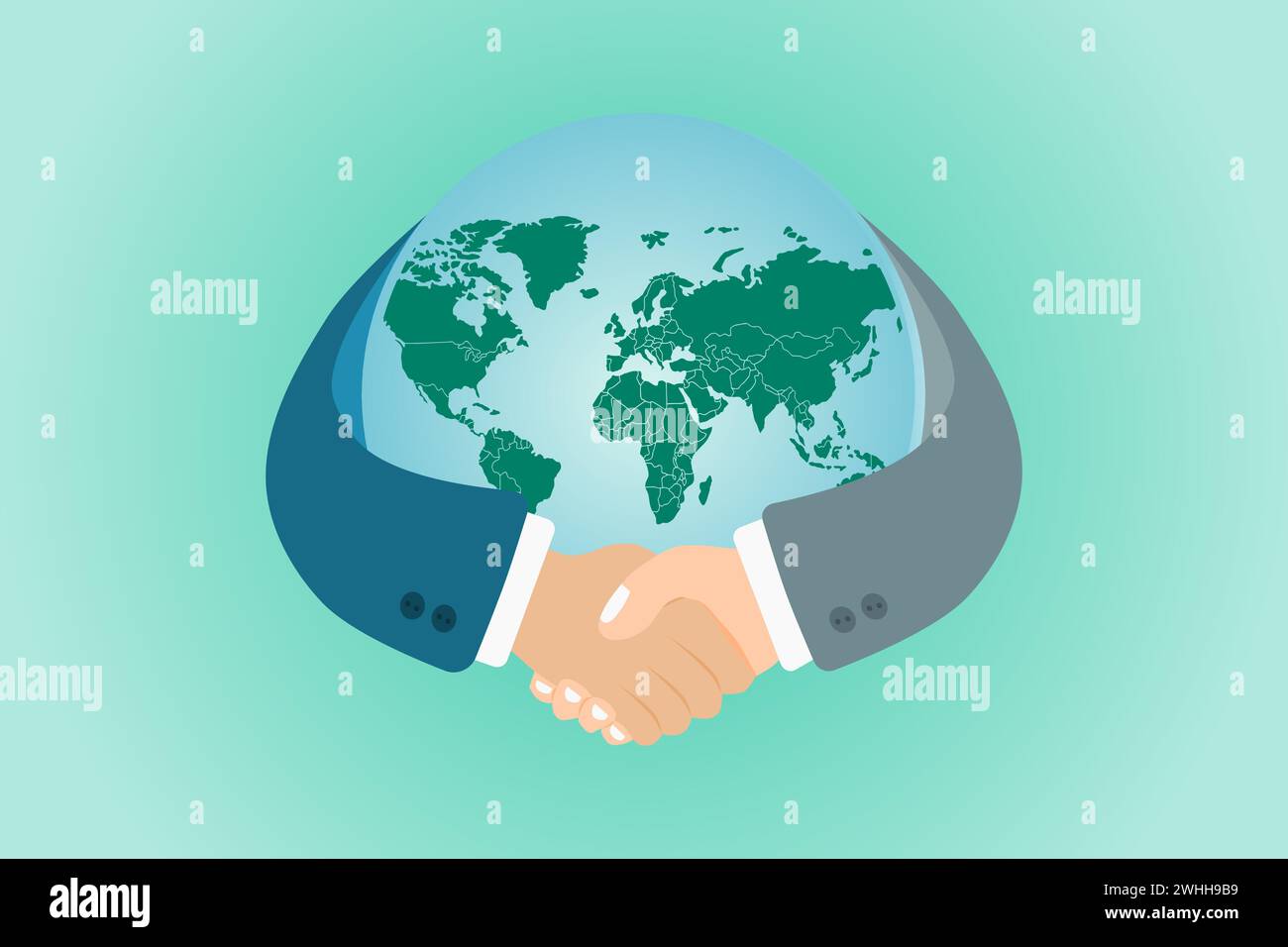 Handshake-Symbol mit Globe-Welt-Kartenhintergrund. Internationales Partnerschaftskonzept. Vektorabbildung. Stock Vektor