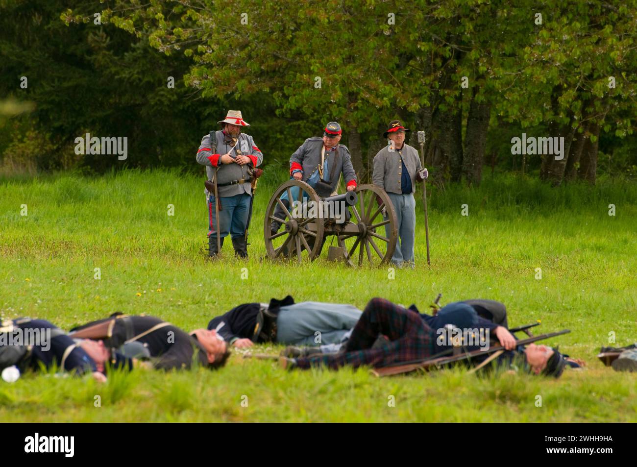 Nachstellung der Schlacht mit Kanone, Civil War Reenactment, Cheadle Lake Park, Libanon, Oregon Stockfoto