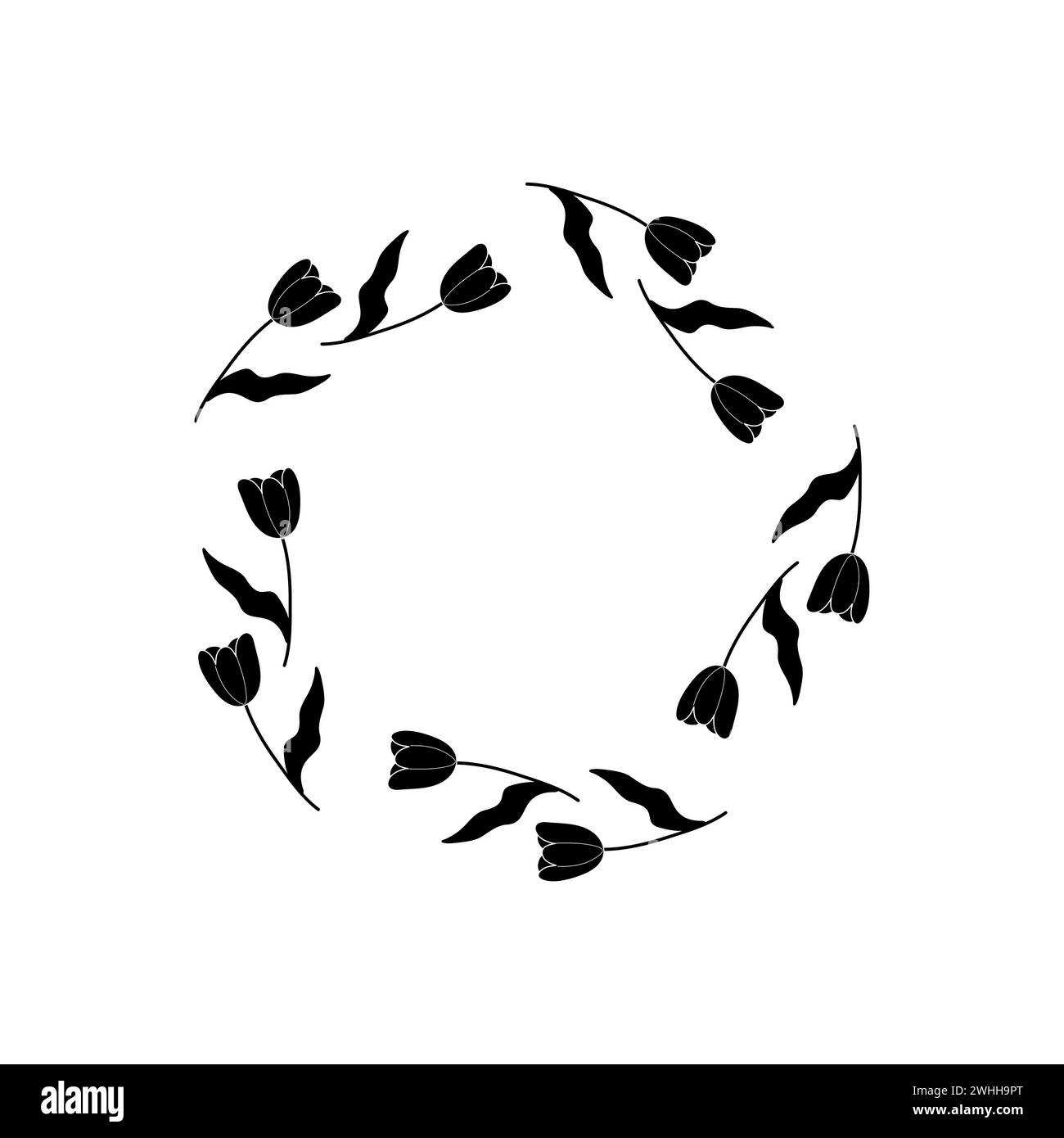 Schwarzes und weißes Blumenmuster Silhouette runder Rahmen, Ornament, Frühling. Weißer isolierter Hintergrund. Stock Vektor