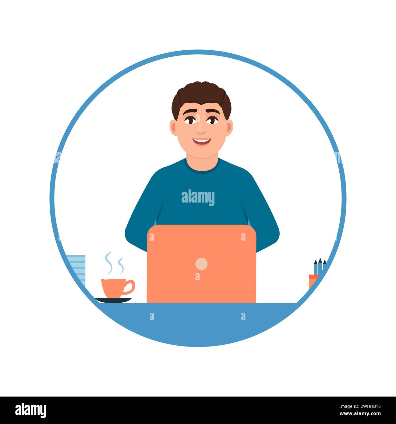 Avatar eines jungen Mannes, der mit einem Laptop, einem Vollzeit-Büroangestellten oder Freiberufler arbeitet. Professionelle Vektordarstellung des Mannes Stockfoto