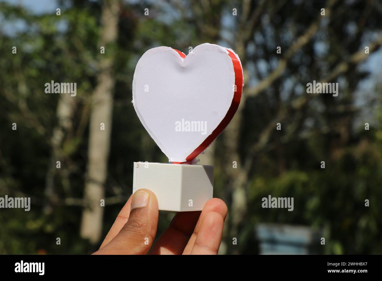 Herzform mit 3D-Drucker in der Hand mit Naturhintergrund. Konzept, das die Liebe zur Natur oder zum reinen Herzen zeigt Stockfoto