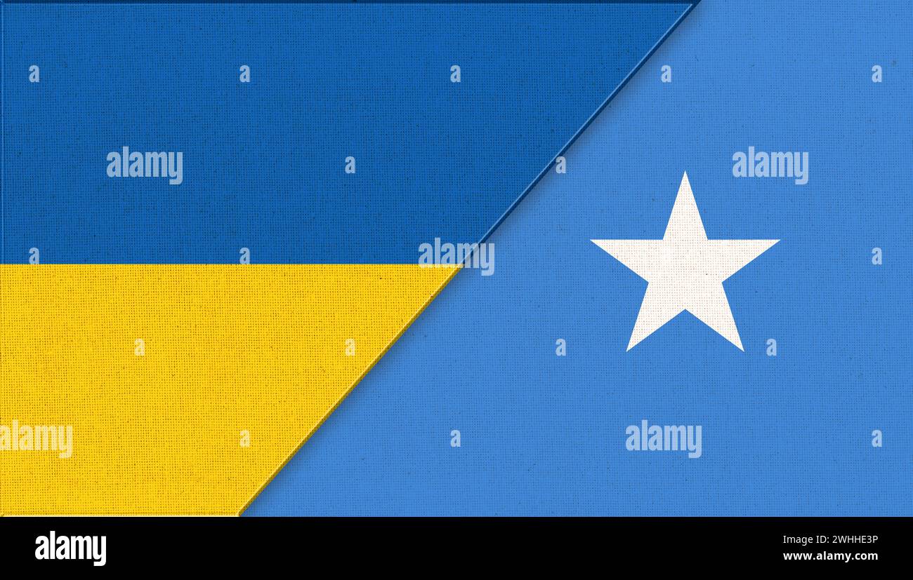 Flagge der Ukraine und Somaliens – 3D-Illustration. Zwei Flaggen Zusammen. Nationale Symbole der Ukraine und Som Stockfoto