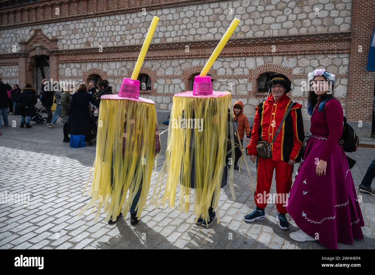 Madrid, Spanien. Februar 2024. Leute mit lustigen Kostümen während der Karnevalsfeier in Matadero Madrid. Quelle: Marcos del Mazo/Alamy Live News Stockfoto