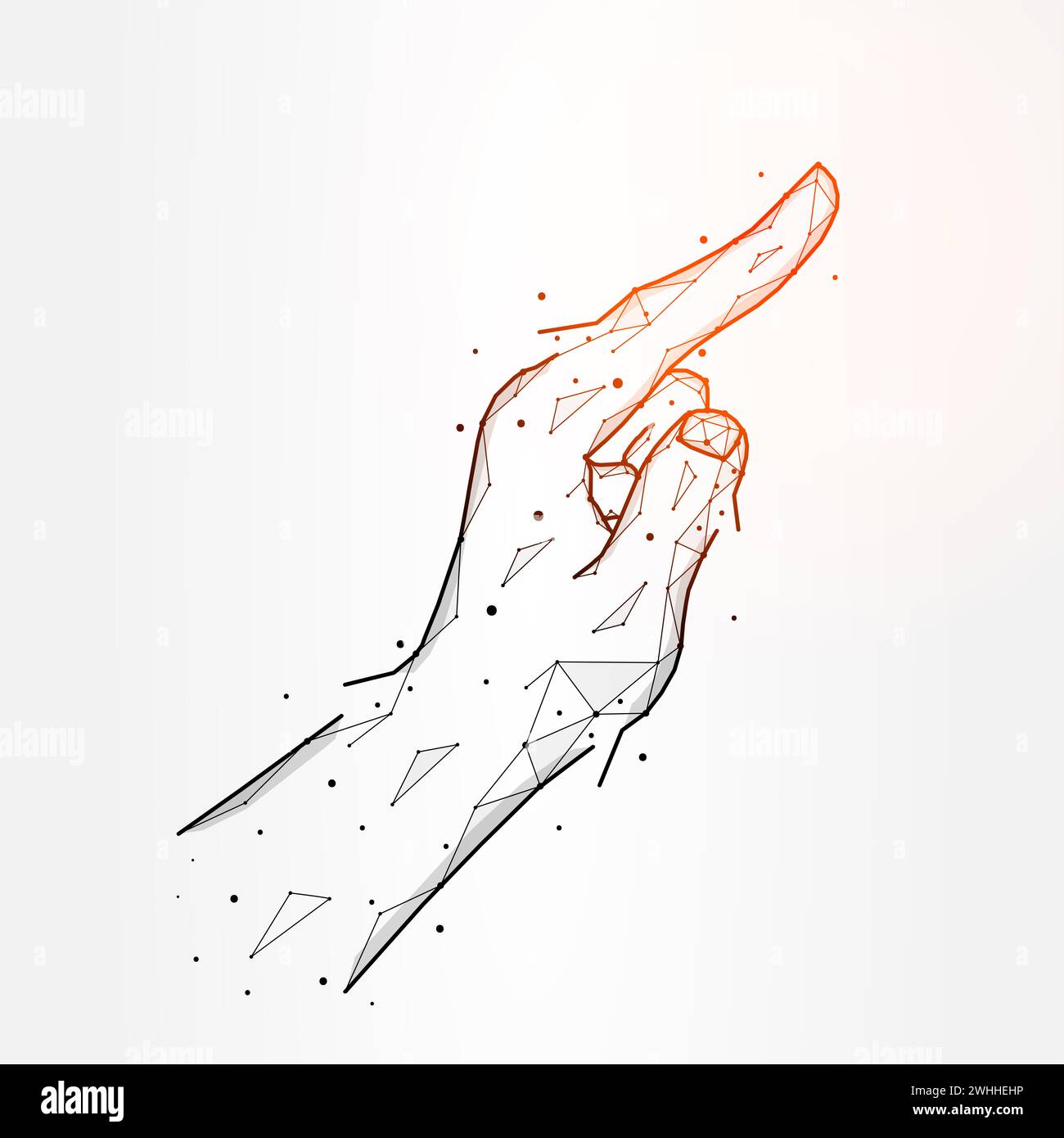 Darstellung des polygonalen Vektors, isoliert auf weißem Hintergrund, mit dem Finger zeigen oder berühren. Handgesten abstrakte Kunst Stockfoto