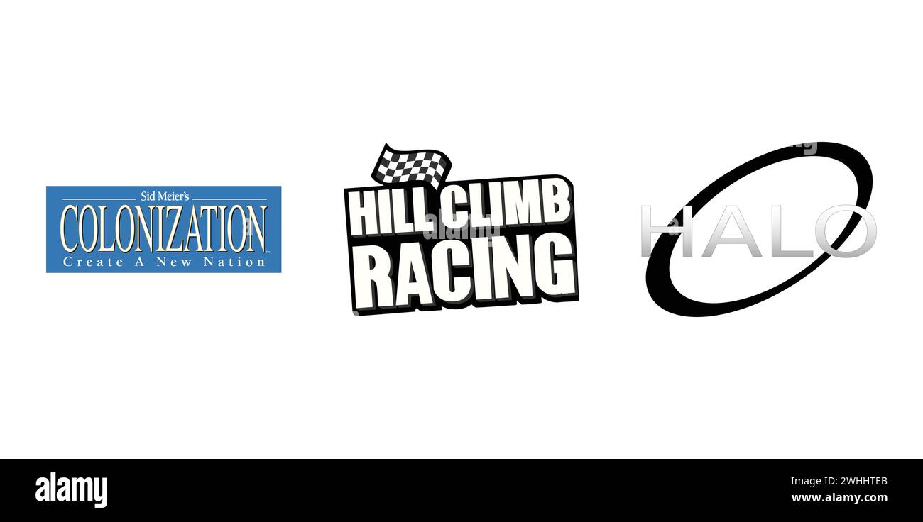 Hill Climb Racing, Kolonisierung, Wikihalo. Markenemblem der Redaktion. Stock Vektor