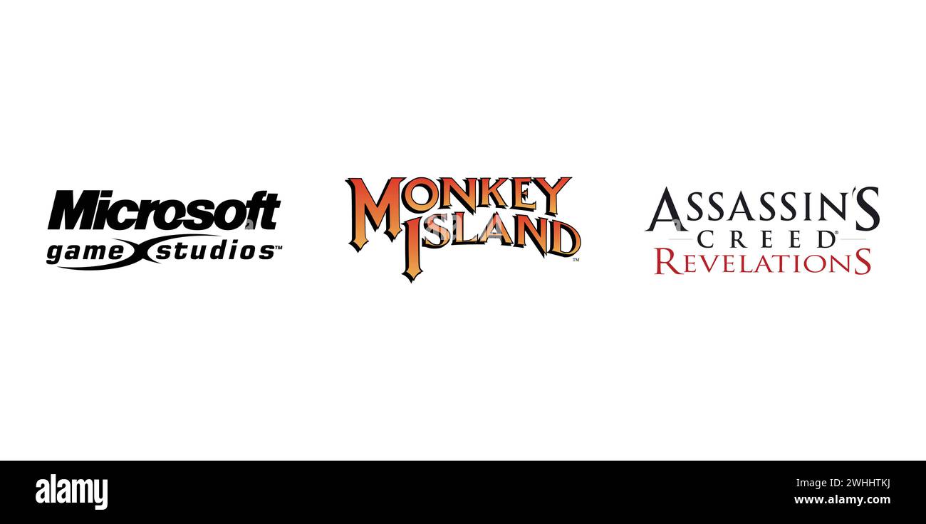 Microsoft Game Studios, Monkey Island, Assassins Creed Revelations. Markenemblem der Redaktion. Stock Vektor