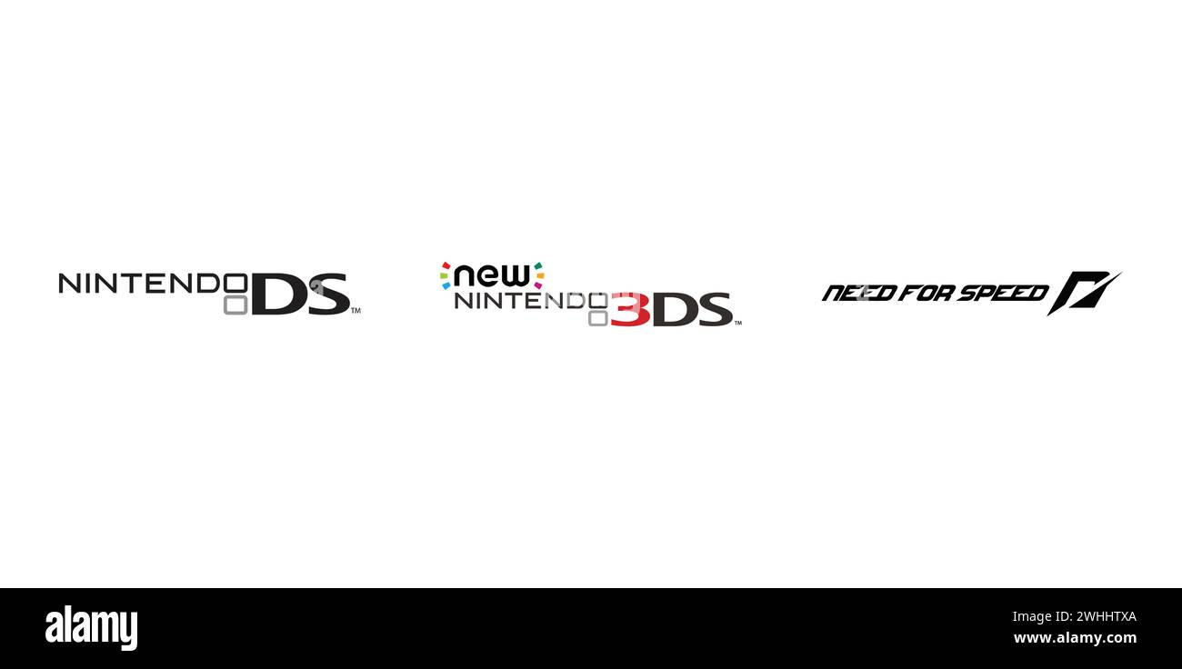 Neuer Nintendo 3DS, Need for Speed, Nintendo DS. Markenemblem der Redaktion. Stock Vektor