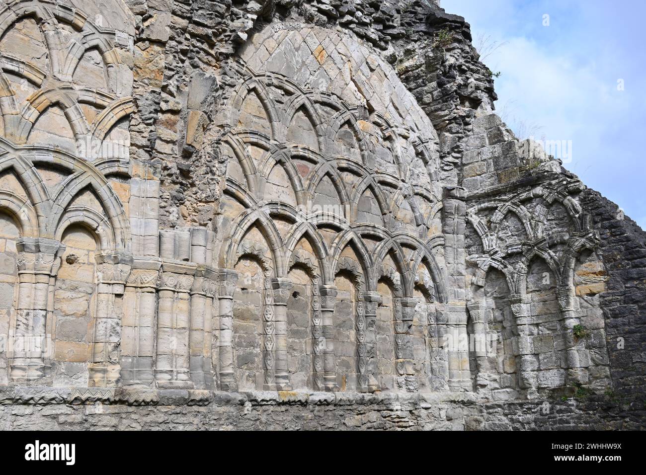 Dekorative Schnitzereien in Wenlock oder St. Milburga's Priory Kloster aus dem 12. Jahrhundert in Lost Wenlock, Shropshire, Großbritannien September Stockfoto