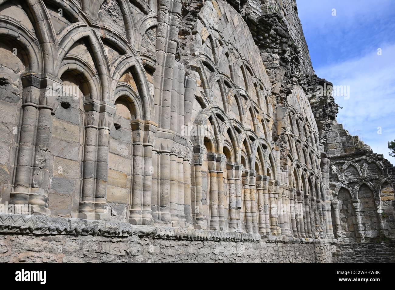 Dekorative Schnitzereien in Wenlock oder St. Milburga's Priory Kloster aus dem 12. Jahrhundert in Lost Wenlock, Shropshire, Großbritannien September Stockfoto