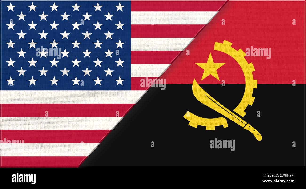 Flaggen von USA und Angola. Abbildung der nationalen Symbole USA und Angola. Ukrainische und amrerikanische Re Stockfoto