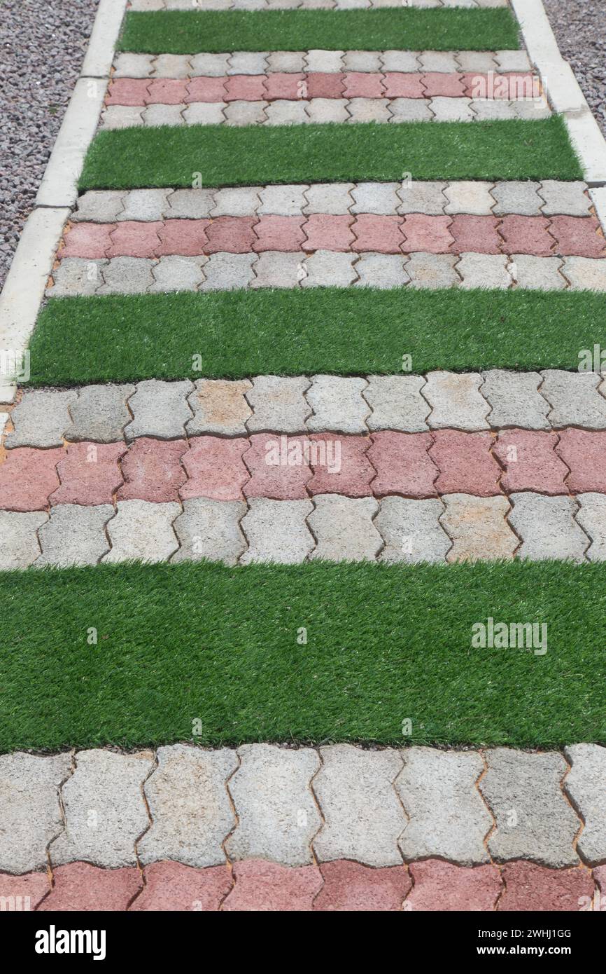 Gartenweg aus grauen Ziegeln und grünem Gras Stockfoto