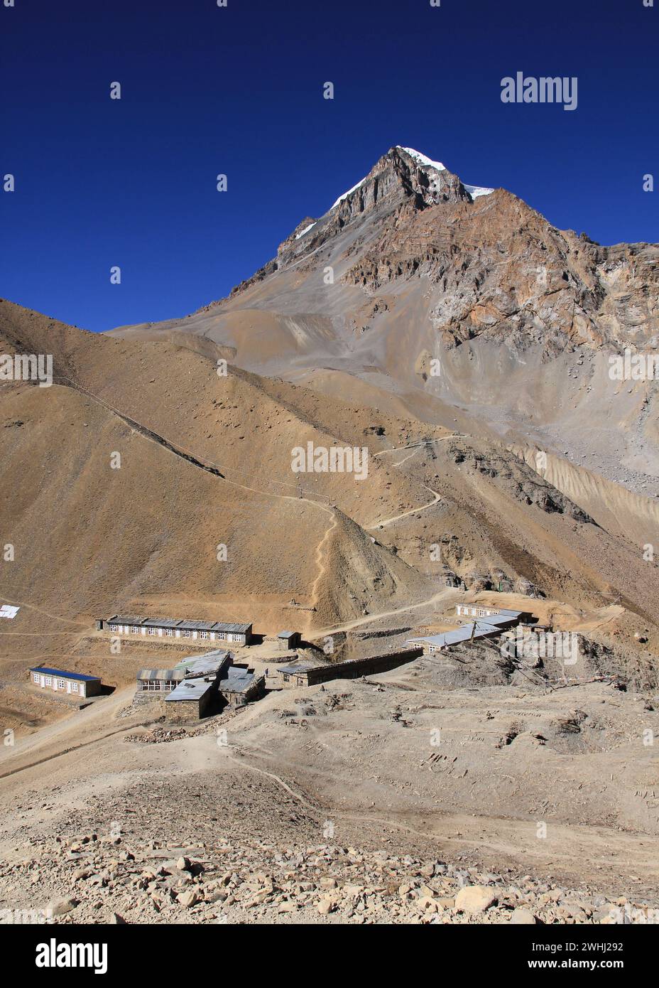 Thorung Phedi und Mount Yakawakang. Stockfoto