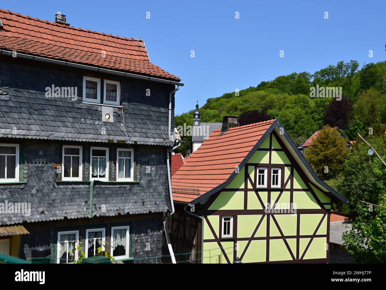 Historische Gebäude in der Altstadt von Ruhla, Thüringen Stockfoto