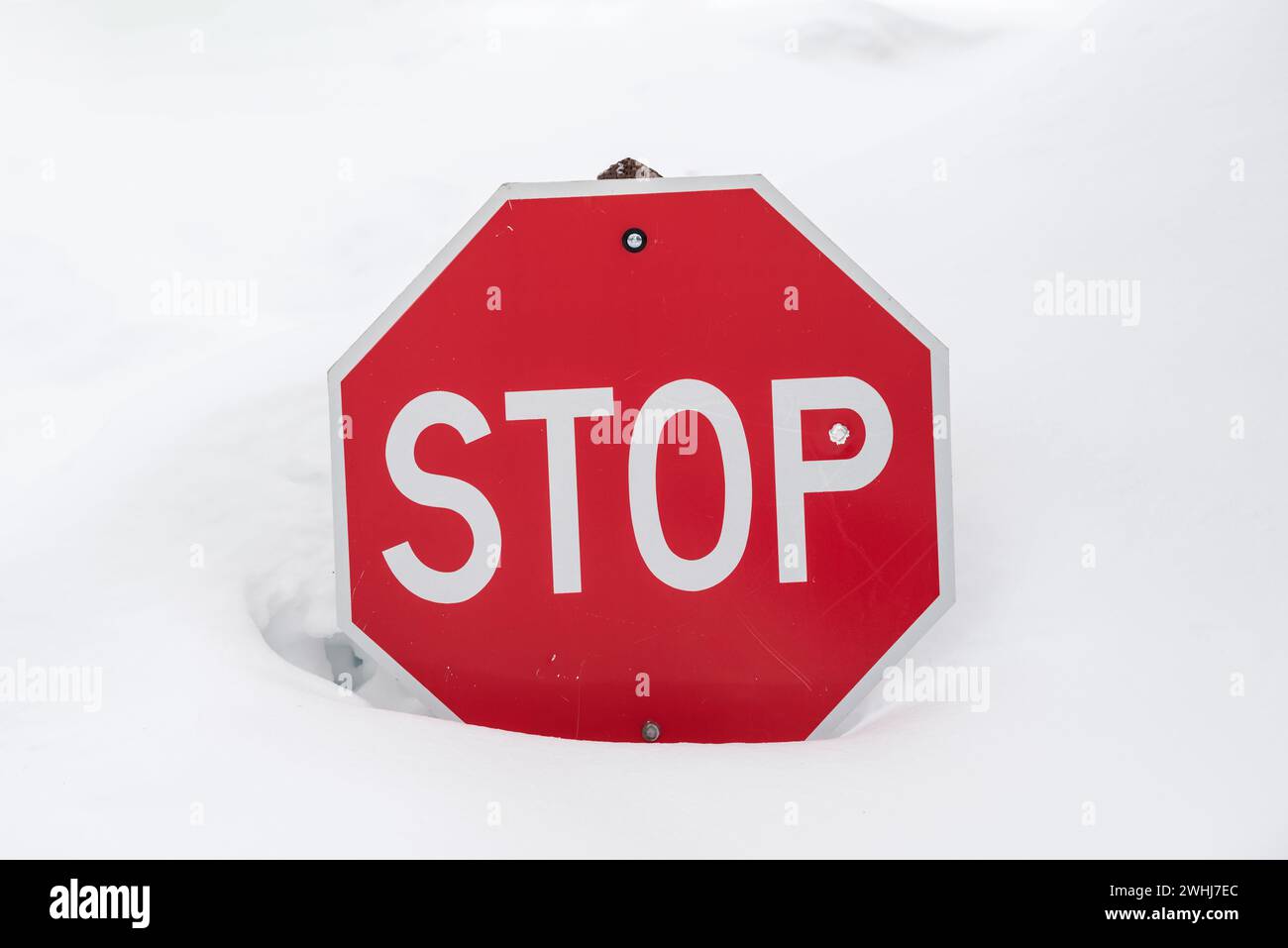 Stoppschild in der Schneewolke, Wallowa Mountains, Oregon. Stockfoto