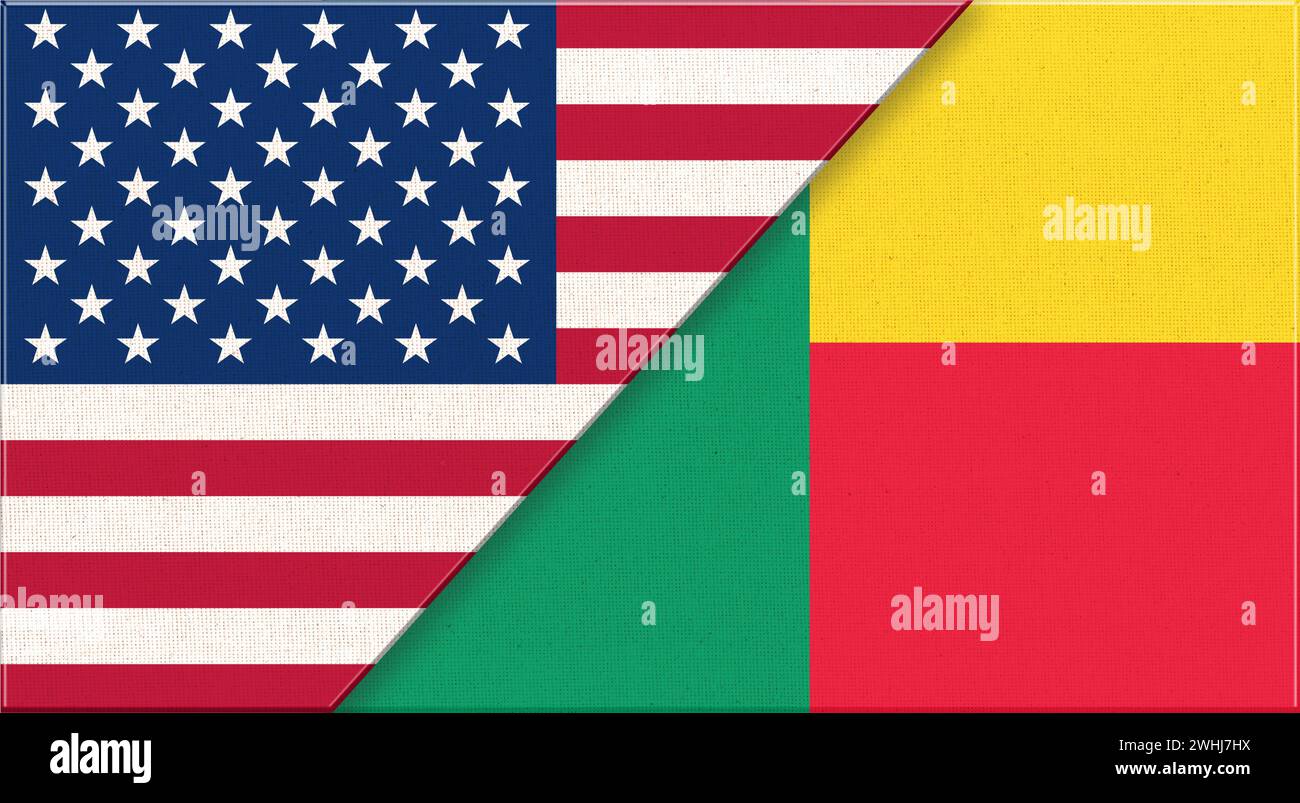 Flaggen der Ukraine und Benin. Abbildung der nationalen Symbole Ukraine und Benin. Ukrainisch und Benin Stockfoto